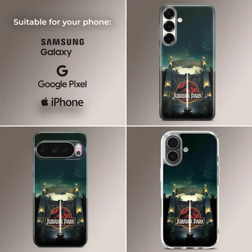 Jurassic Park phone case featuring the iconic gate under a dramatic sky. — Collage