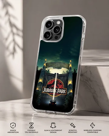 Jurassic Park phone case featuring the iconic gate under a dramatic sky. — Specs
