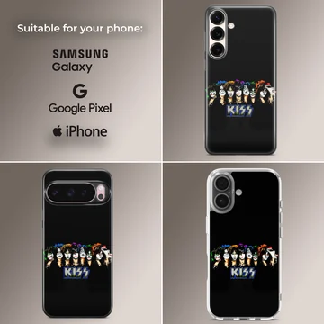 KISS band logo with character illustrations on phone case — Collage