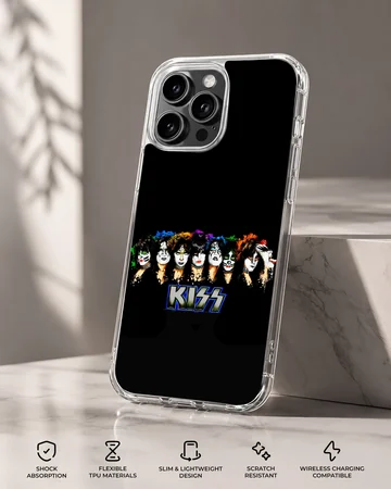 KISS band logo with character illustrations on phone case — Specs