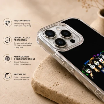 KISS band logo with character illustrations on phone case — Info