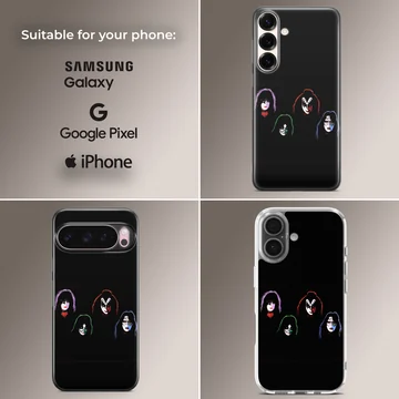 Phone case featuring iconic KISS band member illustrations on a black background. — Collage