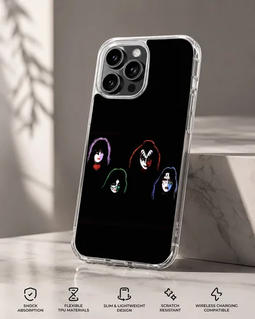 Phone case featuring iconic KISS band member illustrations on a black background. — Specs