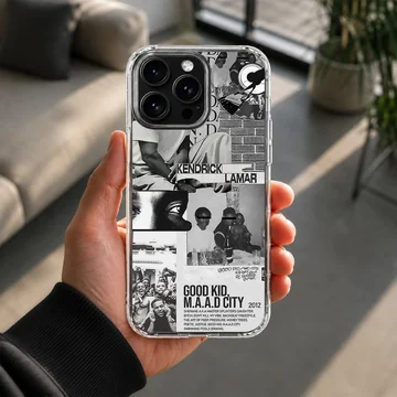 Kendrick Lamar collage with bold typography on phone case — Lifestyle