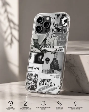Kendrick Lamar collage with bold typography on phone case — Specs