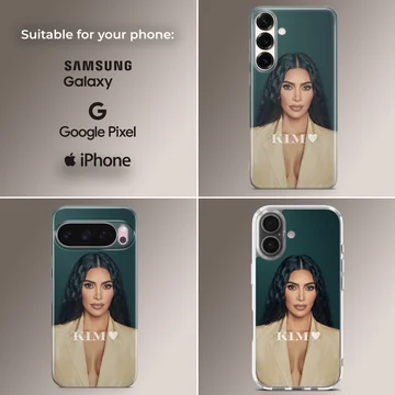 Kim Kardashian portrait with heart and initials on phone case — Collage