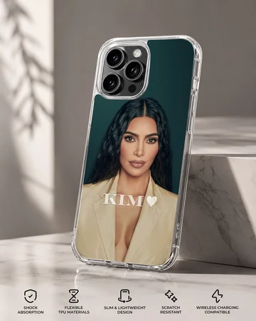 Kim Kardashian portrait with heart and initials on phone case — Specs