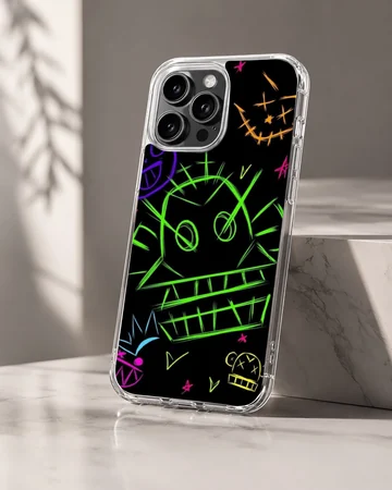 Neon graffiti art featuring bold, colorful illustrations on a phone case. — Hero