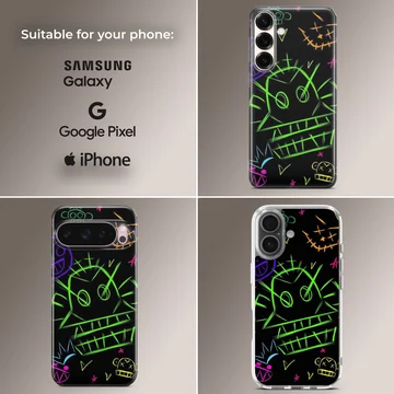 Neon graffiti art featuring bold, colorful illustrations on a phone case. — Collage