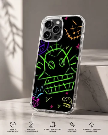 Neon graffiti art featuring bold, colorful illustrations on a phone case. — Specs