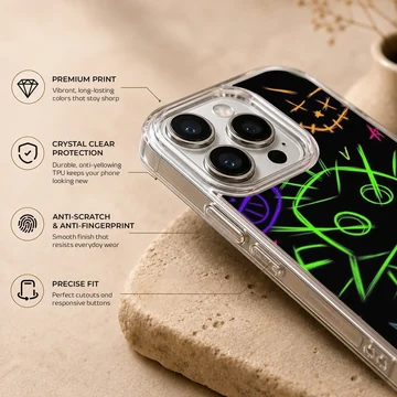 Neon graffiti art featuring bold, colorful illustrations on a phone case. — Info