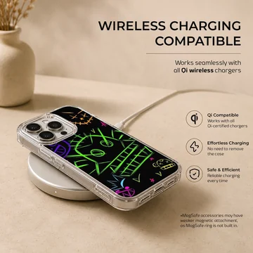 Neon graffiti art featuring bold, colorful illustrations on a phone case. — Charging