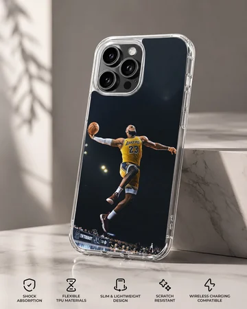 Lebron James performing a slam dunk on a phone case — Specs