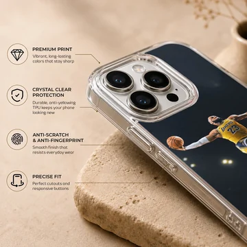 Lebron James performing a slam dunk on a phone case — Info