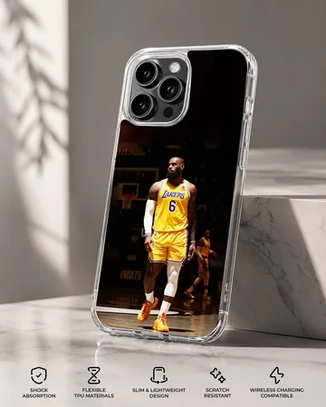Lebron James poised in basketball attire phone case — Specs