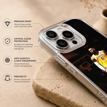Lebron James poised in basketball attire phone case — Info