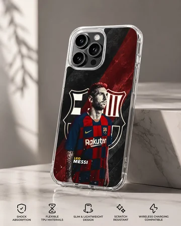 Illustrated Lionel Messi with vibrant colors on phone case — Specs