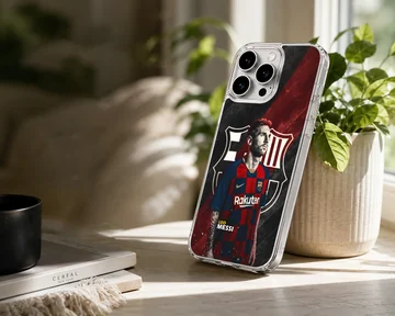 Illustrated Lionel Messi with vibrant colors on phone case — Lifestyle