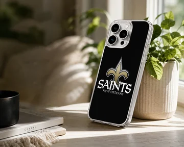 New Orleans Saints logo on a black phone case — Lifestyle