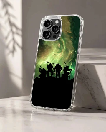 Silhouette of Ninja Turtles against vibrant green sky phone case