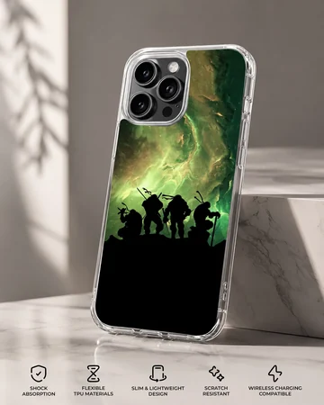 Silhouette of Ninja Turtles against vibrant green sky phone case — Specs
