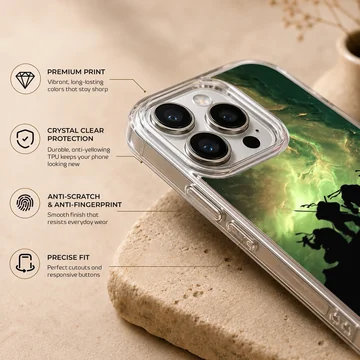 Silhouette of Ninja Turtles against vibrant green sky phone case — Info