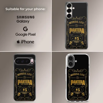 Pantera phone case with bold typography in black and gold — Collage