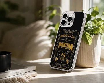 Pantera phone case with bold typography in black and gold — Lifestyle