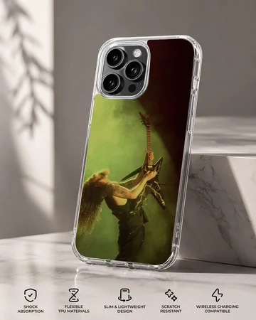 Pantera guitarist captured in an energetic pose on phone case — Specs