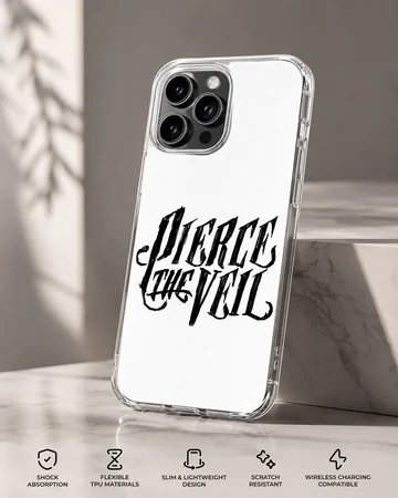 Pierce The Veil bold typography in black on white phone case — Specs