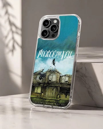 Pierce The Veil artwork showing a house and a raven on a phone case — Hero