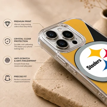 Pittsburgh Steelers logo on a phone case with black and yellow design — Info