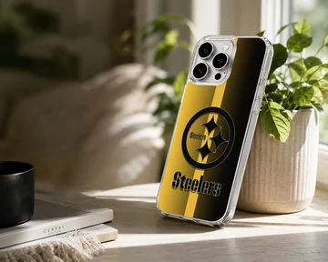 Pittsburgh Steelers logo in black and yellow on phone case — Lifestyle