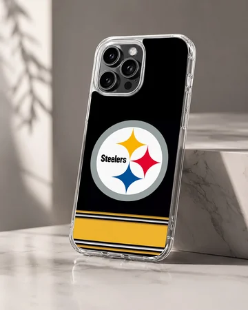 Pittsburgh Steelers logo on a phone case with black and yellow design. — Hero