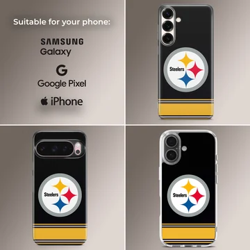Pittsburgh Steelers logo on a phone case with black and yellow design. — Collage