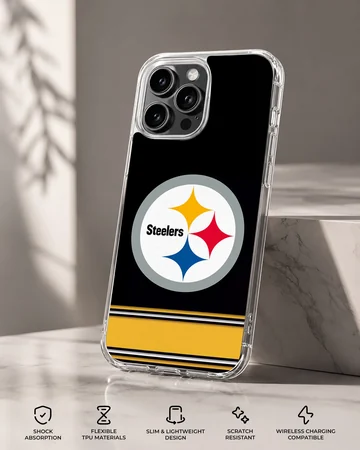Pittsburgh Steelers logo on a phone case with black and yellow design. — Specs