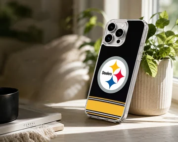 Pittsburgh Steelers logo on a phone case with black and yellow design. — Lifestyle