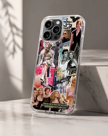 Sex and the City collage with iconic characters and quotes on phone case — Hero