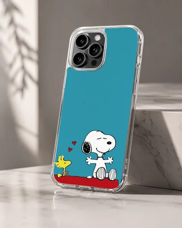Snoopy and Woodstock cartoon artwork on blue phone case — Hero