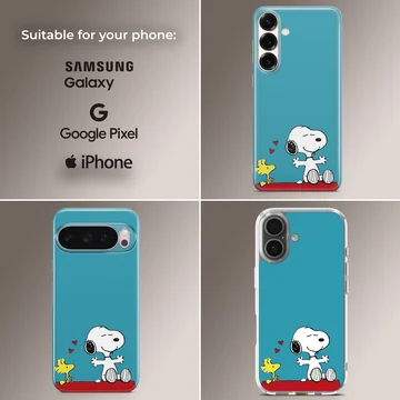 Snoopy and Woodstock cartoon artwork on blue phone case — Collage