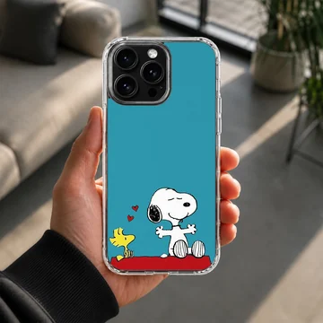 Snoopy and Woodstock cartoon artwork on blue phone case — Lifestyle