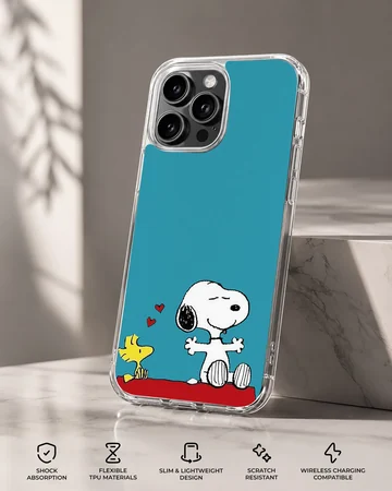 Snoopy and Woodstock cartoon artwork on blue phone case — Specs