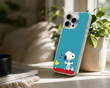 Snoopy and Woodstock cartoon artwork on blue phone case — Lifestyle
