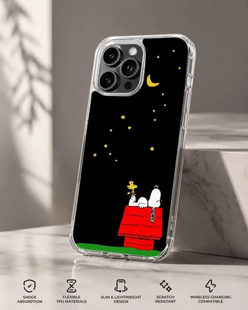 Snoopy lying on red doghouse under starry night on phone case — Specs