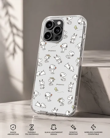 Snoopy phone case with playful cartoon characters — Specs