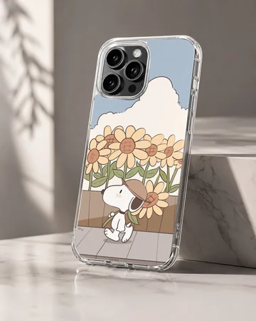 Snoopy in a field of sunflowers on a whimsical phone case — Hero