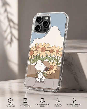 Snoopy in a field of sunflowers on a whimsical phone case — Specs