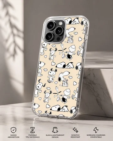 Playful Snoopy cartoon design on phone case — Specs