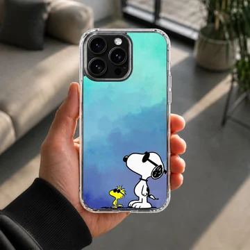 Snoopy and Woodstock standing together on a phone case — Lifestyle
