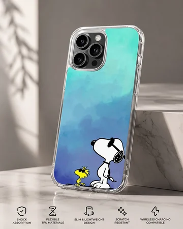 Snoopy and Woodstock standing together on a phone case — Specs